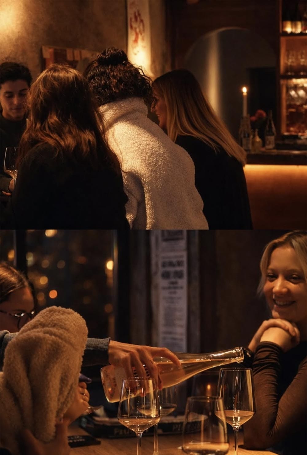 Service au comptoir, une bouteille versée entre amis